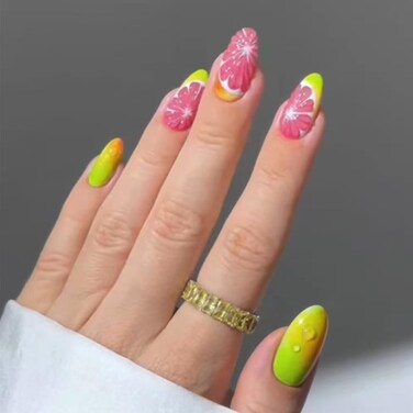 3D Line Press on Nails Fruit Design Green Gradient Acrylic Fake Nails Yellow Ombre Stick on Nails Medium Oval Glossy Oranges False Nails French Gel Glue on Nails for Coquette Women Girls 24 Pcs