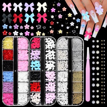 3D Flower Nail Charms, Bows Nail Charms, Colorful Acrylic Tiny Flower Charms for Nails Design, 3 Boxes Nail Flower Bows Charms and Flatback Pearl Nail Charms, Silver Gold Caviar Beads with Tweezers