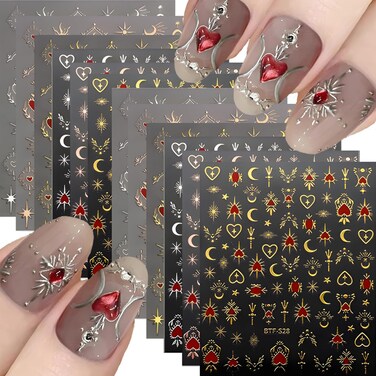 12 Sheet Star Nail Art Stickers 3D Self-Adhesiver Nail Decals Star Sun Moon Heart Nail Stickers Gold Silvery Nail Art Designs Stickers Gold Moon Nail Art Supplies for Women Nail Decorations