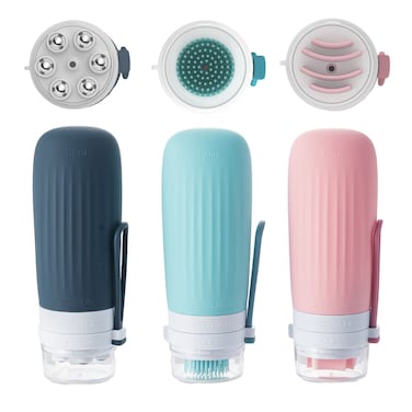 3-in-1 Facial Body Brush Bottle, Exfoliating and Facial-Lifting Scrub Bottle and Acupoint Massage Roller Bottle, 50ml/100ml, Leak Proof Travel Toiletries and Liquid Container (100 ml)