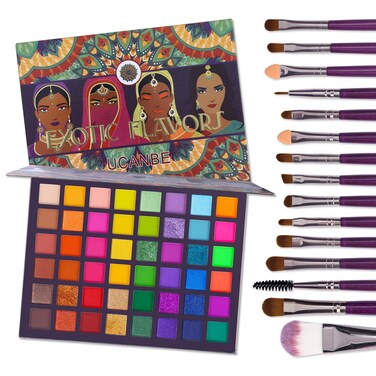 UCANBE EXOTIC FLAVORS Eyeshadow Palette + 15 PCS Eye Brushes Makeup Set 48 Colors Neon Shimmer Matte Glitter Eye Shadow Po.