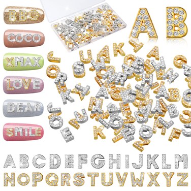 52 Pieces Letters Nail Stud Stickers Alloy Rhinestone Letter Charms 3D Capital Alphabet Nail Studs English Alphabet Charms Decoration for Women Adults Making Crafts DIY Manicure