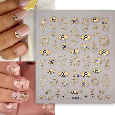 Gold Evil Eye Nail Stickers 5D Embossed Nail Decals Self-Adhesive Nail Art Supplies Manicure Stickers for Nails Art Decoration (Style-11)