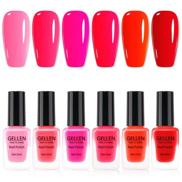 Gellen Red Nail Polish Set, Quick Air Dry Nail Polish Burgundy Bright Red Pink 6 Colors Trendy Regular Nail Polish Kit for Nail Manicure Art Salon Home, No UV Light Needed, 0.33 oz