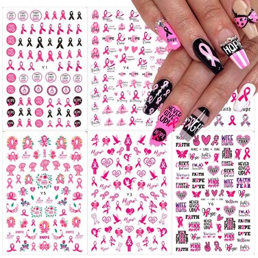 6 Sheets Breast Cancer Nail Art Sticke Pink Ribbon Nail Stickers 3D Self-Adhesive Heart Breast Cancer Awareness Nail Decals Nail Art Supplies for Women Girls DIY Manicure Tips Nail Charms