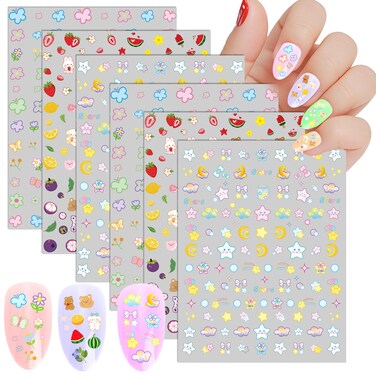 Keluna Nail Art Stickers for Kids - 6Pcs Kawaii Nail Stikcers for Girls, Cute Butterfly Flower Star Embossed Nail Decals, Cartoon Nail Stickers for Women Girls Toddler, 300+ Small Designs