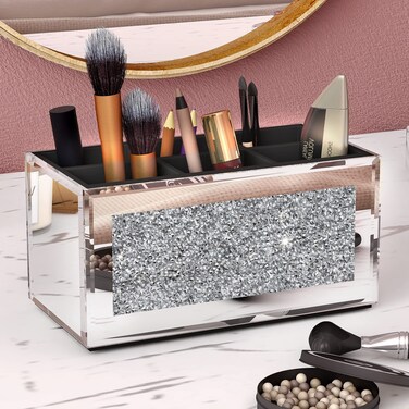 SHYFOY Makeup Brush Holder Organizer with Crushed Diamond 6 Slot Mirrored Make up Cosmetics Organizers and Storage for Vanity Countertop