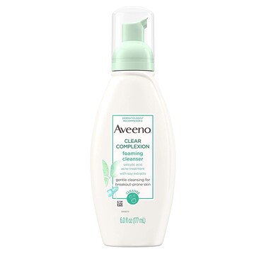 Aveeno Clear Complexion Foaming Oil-Free Facial Cleanser with Soy Extract &amp; 0.5% Salicylic Acid, Acne Treatment Face Wash for Acne-Prone Skin, Sulfate-Free &amp; Hypoallergenic, 6 fl. oz