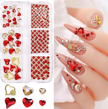 6Girds 767PCS 3D Red Heart Nail Art Charms Love Gems Glitter Decoration Red Valentine's Day Nail Heart Round Diamond Frame Studs Metal Rhinestones for Women Decorations Manicure Charms