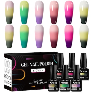 MTSSII Color Changing Gel Nail Polish Set Mood Temperature Change Nail Polish Gel Set 6 Colors Pink Green Purple Thermal Nail Polish Soak Off Nail Art DIY Salon Manicure Gift