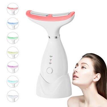 Facial and Neck Massager,7 Color LED Light Therapy for Face,Face Lift Device,Beauty Face Massager Tools for Skin Care (White)