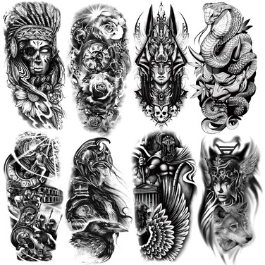8 Sheets Waterproof Arm Leg Fake Temporary Tattoo Indian Skull Snake Egypt Anubis Flower Compass Prajna Greek Myth Soldier
