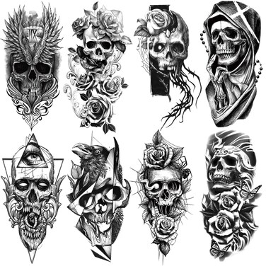 8 Sheets Waterproof Arm Leg Fake Body Art Temporary Tattoo Skull Face Flower Eye Snake Bird Wing