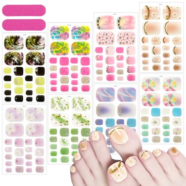 8 Sheets Flower Toe Nail Stickers Glitter Full Wraps Toenails Polish Stickers Self Adhesive Toe Stickers Supply Spring Floral Toenail Polish Strips for Women Nail Wraps with Nail File