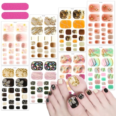 8 Sheets French Toe Nail Stickers Full Nail Wraps Self Adhesive Nail Art Polish Stickers Flowers Star Glitter Nail Strips Decal Toenail Stickers for Women Manicure Kits with Nail File
