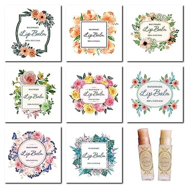 CRASPIRE 80Pcs 8 Styles Lip Balm Sticker Self-Adhesive Homemade Lip Balm Labels Floral Patter Square Printable DIY Label Stickers for Lip Balm Containers Cosmetics Lipsticks (5cm/2inch)