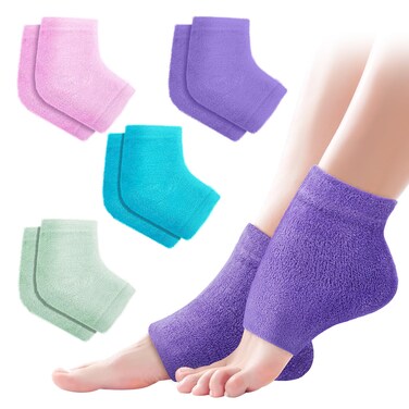 4 Pairs Fuzzy Moisturizing Socks for Cracked Heel Treatment, Toeless Socks for Women &amp; Men, Repair Dry Cracked Feet (Pink, Purple, Blue and Green)