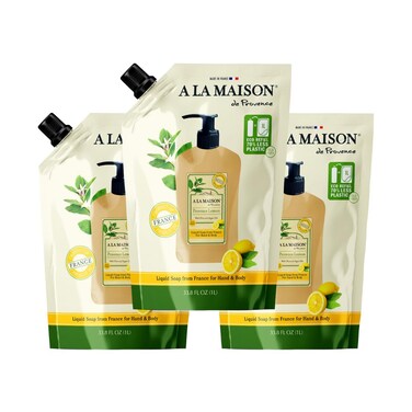A LA MAISON French Liquid Hand Soap RefilL - Natural Hand Wash Made with Essential Oils - Biodegradable, Plant-Based, Vegan, Cruelty-Free (33.8 Fl Oz Pouch, 3 Pack, Provence Lemon)