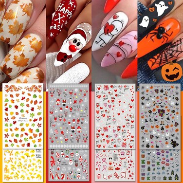 TailaiMei 24 Sheet All Holidays Nail Art Stickers, Mixed Seasons Variety Pack for Halloween Fall Christmas Valentine's Day, Self-Adhesive Design Year-Round Thanksgiving Nail Decals(Fashion)