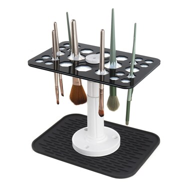 Makeup Brushes Drying Rack with Silicone Mat, 26 Holes Acrylic Brush Holder Stand Tree Tray, Adjustable Makeup Brush Holder