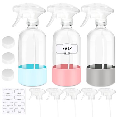 3 Pack/16 Oz Glass Spray Bottles, Refillable Empty Containers with Silicone Sleeve, Upgraded Adjustable Nozzle Spray Bottle Sets for Cleaning, Essential Oils, Hair