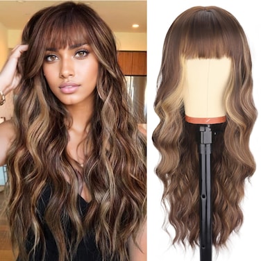 NOSTALGIA Long Brown Wigs with Bangs 26 Inches Curly Wavy Wig for Women Brown Mixed Blonde Highlight Wig Synthetic Wigs for Girls Daily Party Use