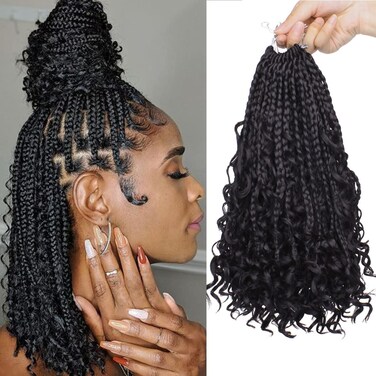 COOKOO 12 Inch Goddess Box Braids Crochet Hair 8 Pack Synthetic Bohemian Hippie Box Braids Crochet Hair Pre-looped With Curly Ends Braiding Hair for Black Women1B#