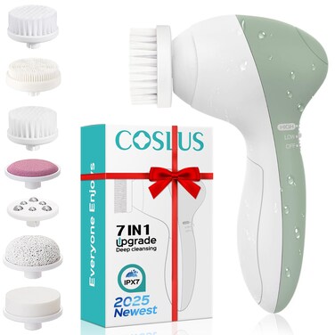 COSLUS Facial Cleansing Brush Silicone Face Scrubber: 7 in 1 FBS-D Electric Exfoliating Rotating Massage Device Waterproof Deep Cleaning Exfoliation Spa Machine - Electronic Skin Care Wash System