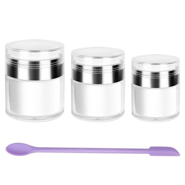 3 Pack Airless Pump Jars Refillable Cosmetic Moisturizer Pump Botttles Travel Size for Cream, Gels and Lotion with Silicone Spatula 0.5oz 1oz 1.7oz