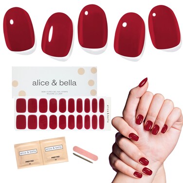 ALICE &amp; BELLA Semi Cured Gel Nail Strips-20 PCS Deep Berry Red Nail Strengthening Gel Stickers, Use with UV Light Lamp, Salon Quality Manicure Wraps (Very Berry)