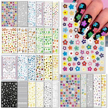 30 Sheets All Holiday Nail Art Stickers, Variety Pack Seasonal Nail Decals, Self-Adhesive Colorful Design for Daisy Flowers Butterflies Star Halloween Christmas