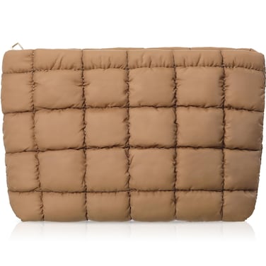 Hillban Puffy Quilted Makeup Bag Quilted Cosmetic Bag Cute Puffer Toiletry Checkered Pouch Aesthetic Travel Makeup Brushes Organizer(Brown,Classic)