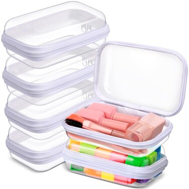 Sanwuta 6 Pcs Clear Hard Zipper Case Hard Plastic Zipper Pouches Makeup Bag Transparent Cases for Snacks Plastic Storage Organizer Portable Box for Travel