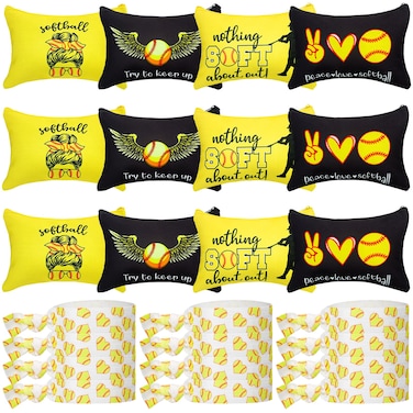 Kajaia 24 Pcs Softball Party Favors Softball Cosmetic Bag Sport Hair Scrunchies Bracelet Travel Pouch Canvas Makeup Bags Hair Ties Bands for Women Girls Team Gifts(Cute)