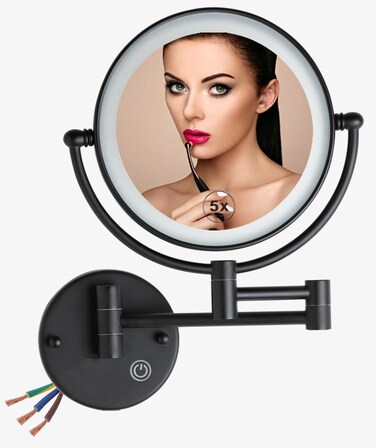 Hard Wired Make up Mirror Magnifying Lighted Black Wall Mounted, 8" 1X/5X Double-Sided 360 Swivel Extendable Arm Bathroom Makeup Mirror Wall Mount, Touch Dimmable, Matt Black