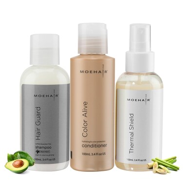 MOEHAIR Travel Hair Care Set: Shampoo, Color Conditioner, and Thermal Shield Spray (3 x 3.4 fl oz) - Heat Protectant Set