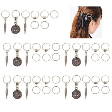 Honbay 40PCS Antique Silver Coin Leaves Pendant Charms Rings Set DIY Hair Decoration Rings Braid Rings Hair Loop Clips Hair Accessories