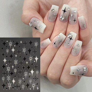 300 pcs/ 5Package Nail Stickers Various Stars 3D Waterproof self Adhesive Nail Stickers with Backing Stamping Gold Silver and Black Star AWN Stickers (Black+Silver)