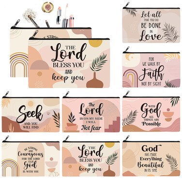 Talltalk 8 Pcs Christian Cosmetic Bags Inspirational Bible Verse Pencil Pouch Motivational Gifts with Prayers Double Sided Makeup Bags with Zipper Religious Christmas Gifts for Friends(Elegant)