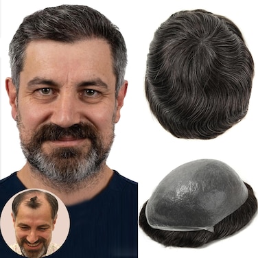 BEEOS 0.03mm PU Thin Skin Toupee Hair for Men, Natural Black with 30% Grey Mens Hair Piece, 8x10 Inch Base Size #1B30 Mens Toupee