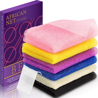 6 Pieces African Net Sponge Authentic Exfoliating Washcloth, Quick-Drying African Exfoliating Net for Smooth, Glowing Skin &amp; Full Body Scrubbing(Yellow Pink Purple Black Blue White)