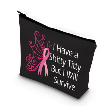 BDPWSS Breast Cancer Awareness Makeup Bag For Women Cancer Support Gift Breast Cancer Survivor Gift I Have a Shitty Titty But i Will Survive Pink Ribbon Cosmetic Zipper Pouch (I Will Survive bl)