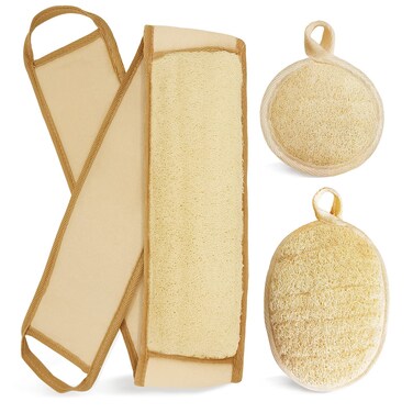 Natural Loofah Sponge Back Exfoliating Scrubber Combo Set, Seep Cleansing Skin and Facial Loofah Pad