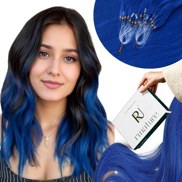 RUNATURE Micro Bead Hair Extensions Real Human Hair Blue Hair Extensions with Micro Ring 16 Inch 25g 25s Microlink Human Hair Extensions Blue Pre Bonded Micro Loop Extensions