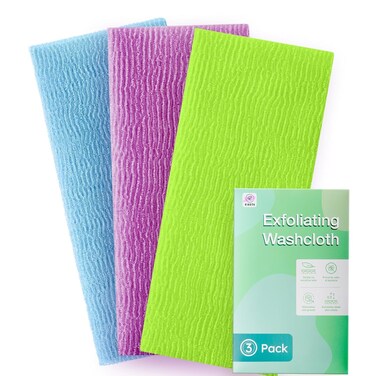 3 Pieces Exfoliating Washcloth Shower Towel African Net Sponge Japanese Wash Cloth Face Exfoliating Sponge Loofah Exfoliating Body Scrubber for Body Exfoliation (Purple,Blue,Green)