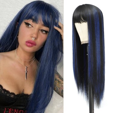 Black with Blue Wigs for Women, Long Straight Stripes Color Wigs with Bangs, Natural Looking Soft Synthetic Fiber Wig for Daily Party