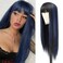 Black with Blue Wigs for Women, Long Straight Stripes Color Wigs with Bangs, Natural Looking Soft Synthetic Fiber Wig for Daily Party