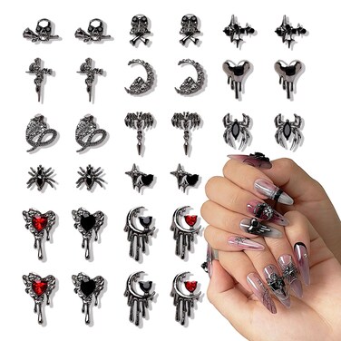 Eseres 30pcs Halloween Nail Charms - 3D Goth Punk Nail Art Charms with Black Red Rhinestones