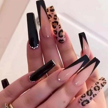 Coffin Press on Nails Long French Fake Bling Nails Acrylic Full Cover Leopard Print False Rhinestones Nails for Women and Girls 24PCS
