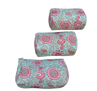 INDACORIFY Indian Cotton Floral Block Print Toiletry Travel &amp; Make up Pouch Set of 3 Pieces Quilted Bags Shaving Kit